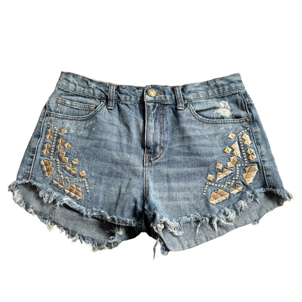 Free People Embroidered Denim Jean Shorts